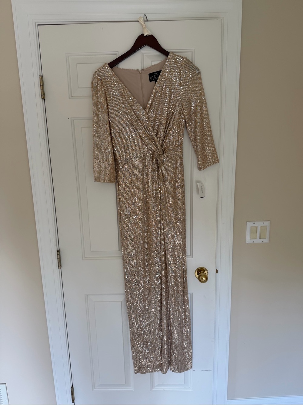 Alex Evenings Gold Sequin Long Sleeve Wrap Dress